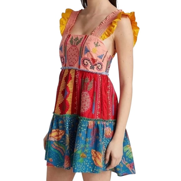 FARM Rio Dresses & Skirts - FARM Rio Color Blocked Tropical Embroidered Mini Dress S Like New Pineapples